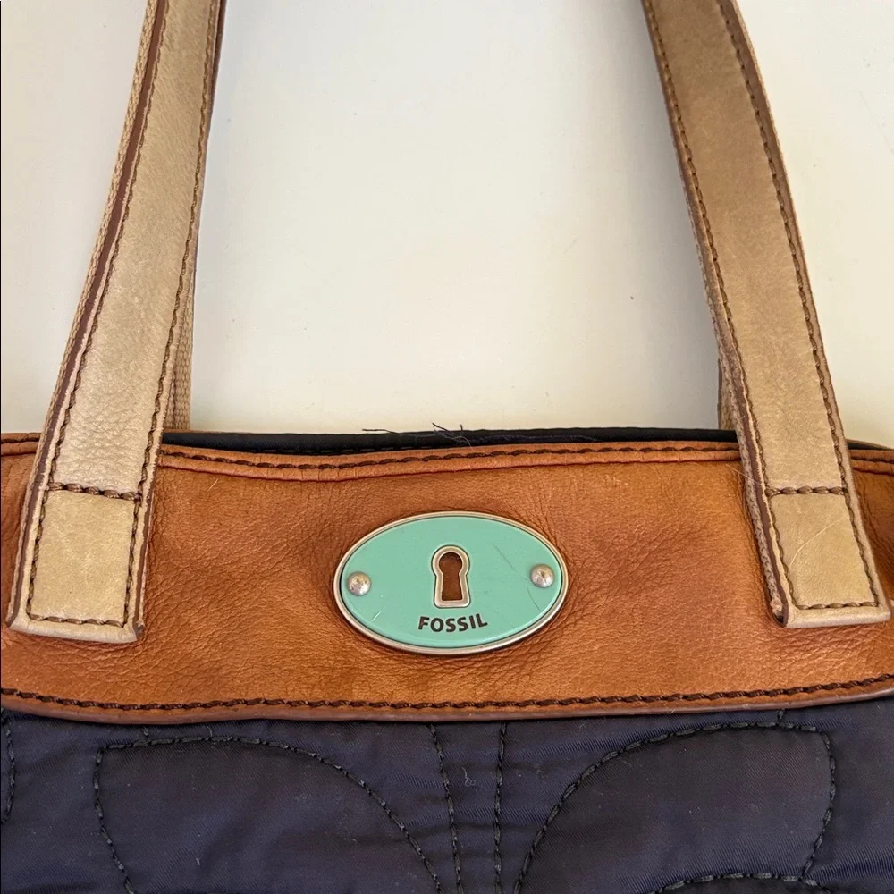 Fossil Key-per Navy Quilted Fabric and Leather Shoulder Bag